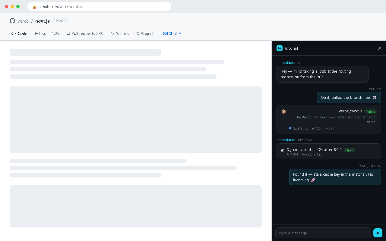 The GitChat tab injected into a GitHub repository page, with the side panel open showing a conversation and a repo card