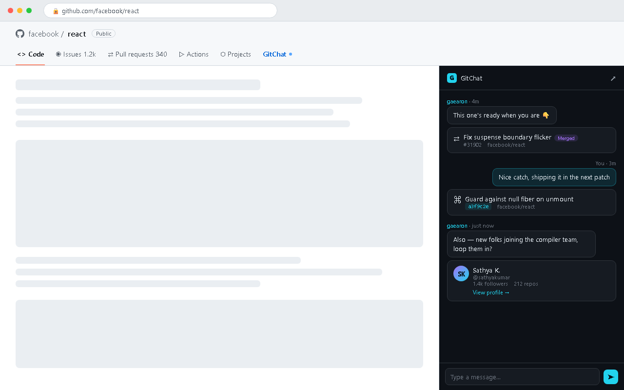 The GitChat side panel showing a merged pull request card, a commit card, and a GitHub profile card in the same conversation