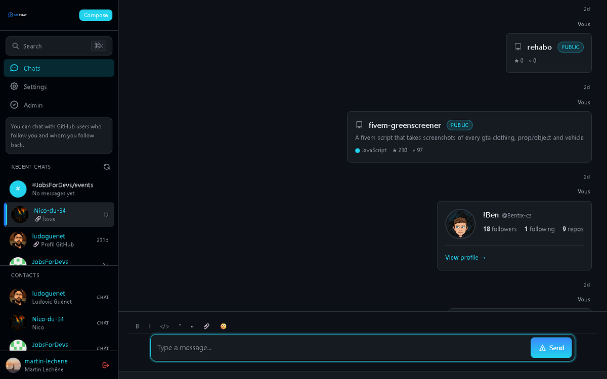 Animated preview of the GitChat messaging interface with GitHub-rich message cards
