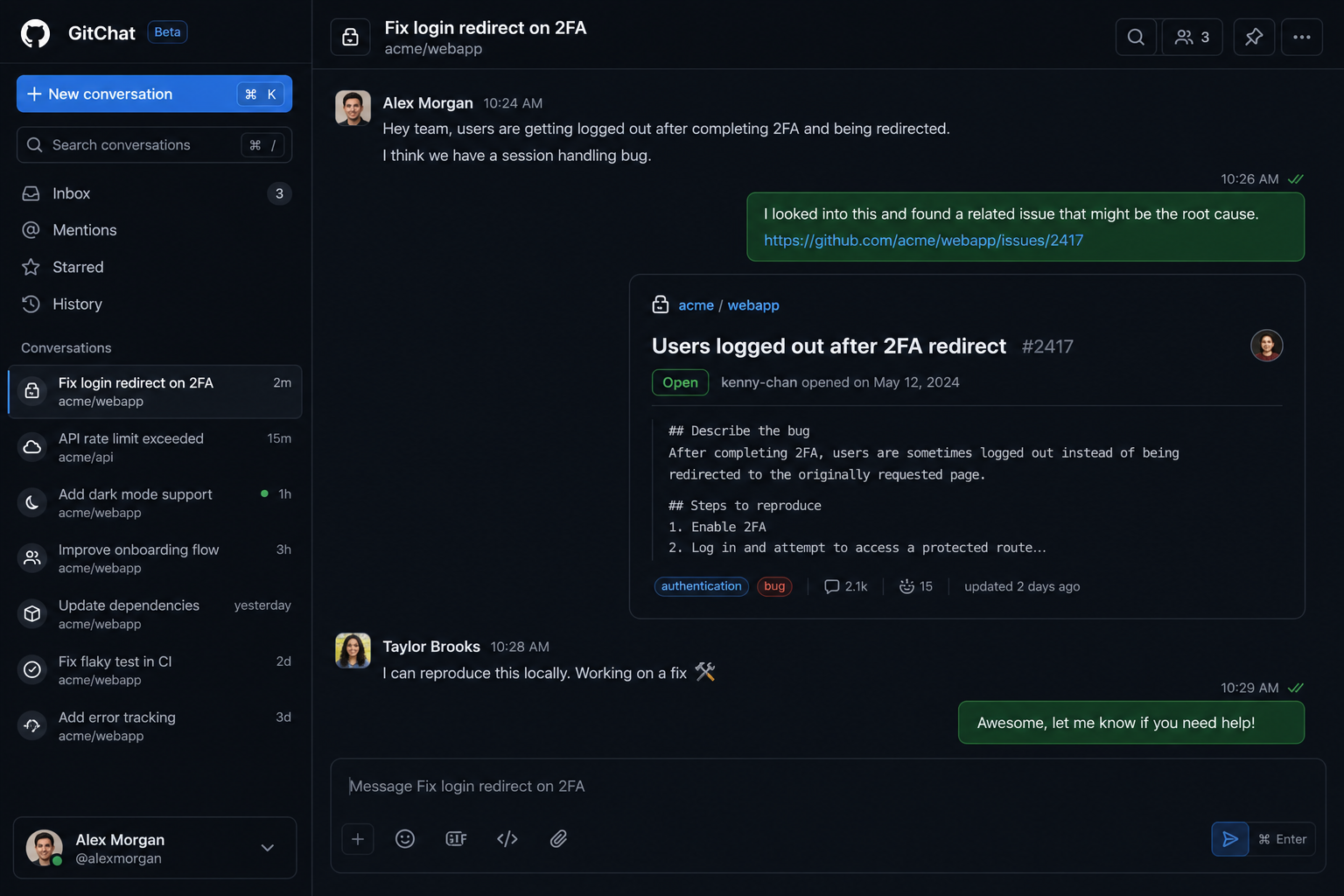 Animated preview of the GitChat messaging interface with GitHub-rich message cards